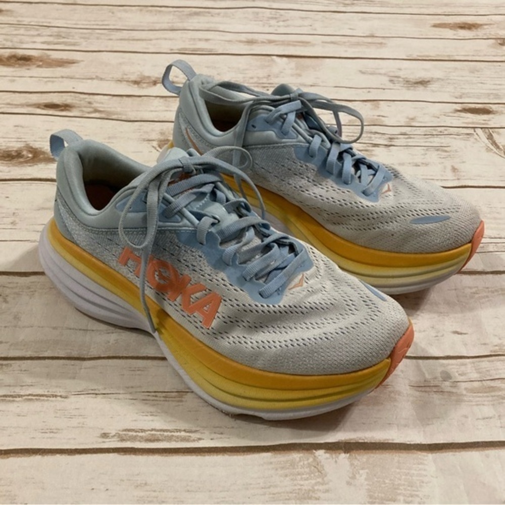 Hoka Women's Bondi 8 Running Shoes Summer Song Blue Colorway Yellow/Orange Sole
